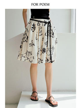 ForPoem 现货 25/SS原创设计亚麻夏日印花半身裙