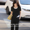 【专属特价】熙世界夏季套装女2025新款时尚黑色假两件圆领T恤休闲长裤两件套 商品缩略图1