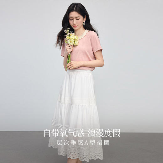 熙世界法式花边刺绣白色半身裙女夏季2025新款高腰A字半裙中长裙 商品图2