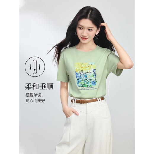【专属特价】熙世界淡人穿搭复古油画印花T恤短袖女夏艺术感宽松休闲圆领上衣 商品图3