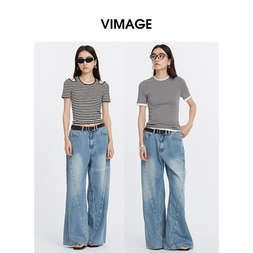 VIMAGE纬漫纪秋季新款复古蓝高腰阔腿长裤牛仔裤V2205802 商品图1