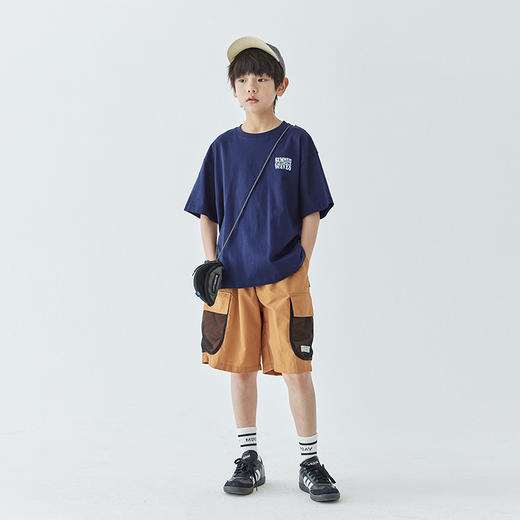 【代发】男童美式复古五分裤 蓝汽水夏季百搭户外工装网眼口袋短裤藏青/橙色 商品图1