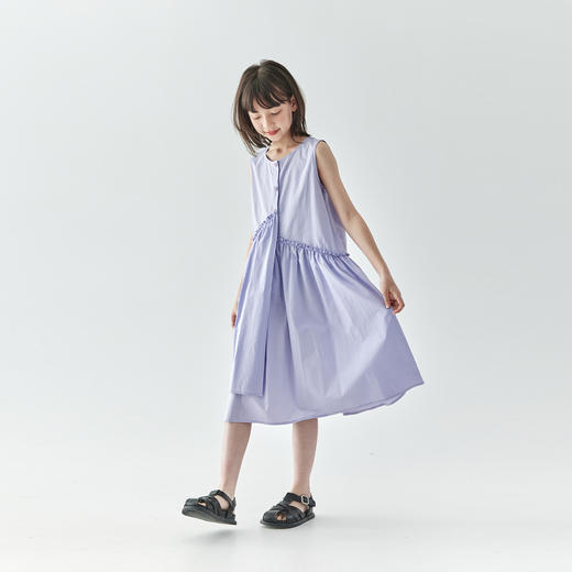 【代发】女款纯色连衣裙 棵初夏季款亲子中大女童纯棉无袖裙子木耳边宽松仙女裙湖水绿/紫色 商品图1