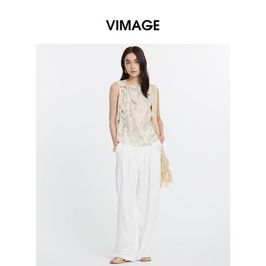 VIMAGE纬漫纪国风线条花卉斜领抽褶时尚温柔背心上衣2025夏季新款V2313930 商品图0