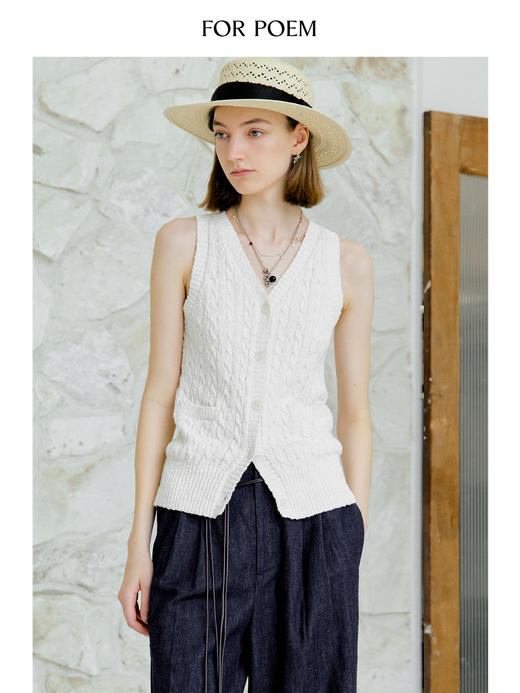ForPoem 现货 25/SS原创设计老钱风100棉绞花无袖针织背心上衣 商品图0