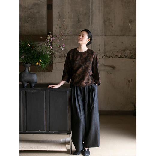 牧衣游原创龟裂纹香云纱阔腿裤轻薄显瘦黑色宽松百搭长裤 浮云卷 商品图2