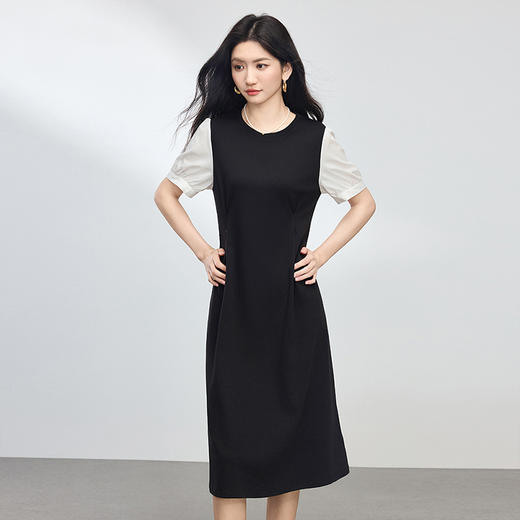 【专属特价】熙世界通勤风假两件连衣裙女2025夏季新款气质收腰圆领泡泡袖裙子 商品图3