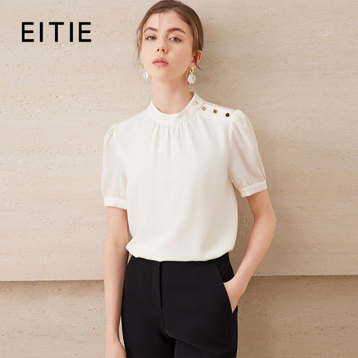 【气质短袖上衣】EITIE爱特爱灯笼袖复古立领衫2025夏季新款B2513620 商品图0