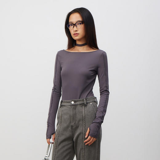 lost in echo2025春夏新款时尚后露背长袖紧身针织连体衣内搭上衣 商品图0