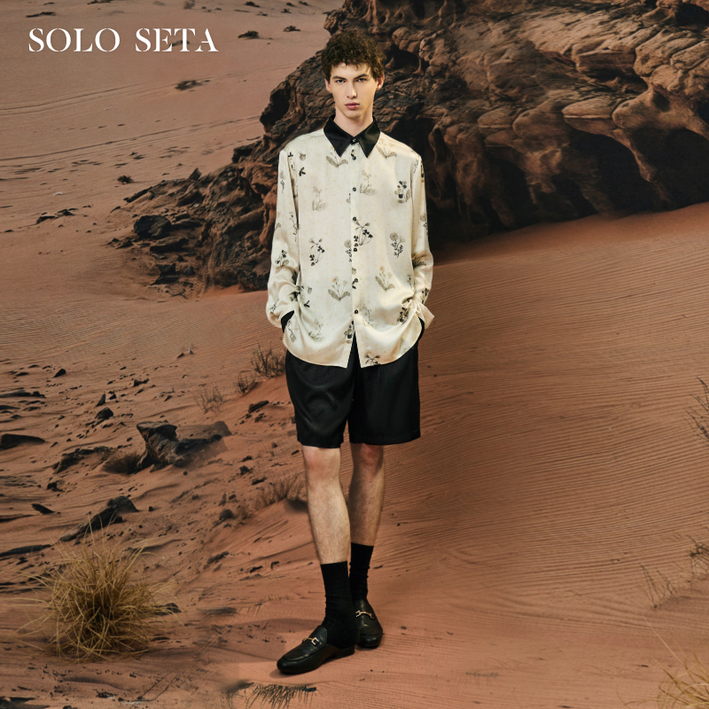 Solo seta22姆米男士真丝印花长袖衬衫短裤桑蚕丝睡衣2025秋新款
