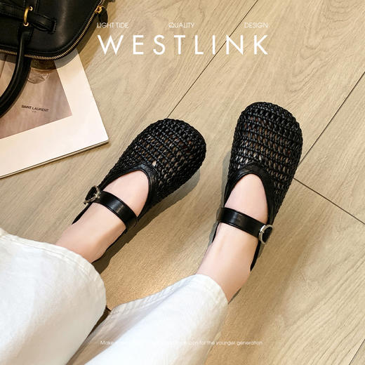 西遇镂空网面单鞋女新款夏季透气编织复古玛丽珍平底鞋凉鞋V0156612 商品图3
