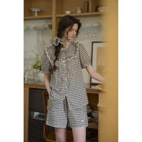 SimpleRetro 文艺俏皮格纹棉套装女荷叶边衬衫短裤子