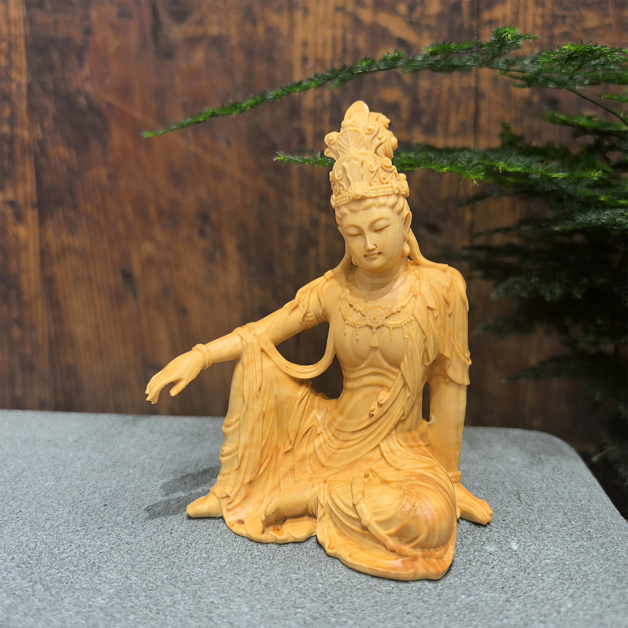 新款小坐自在观音°黄杨木摆件