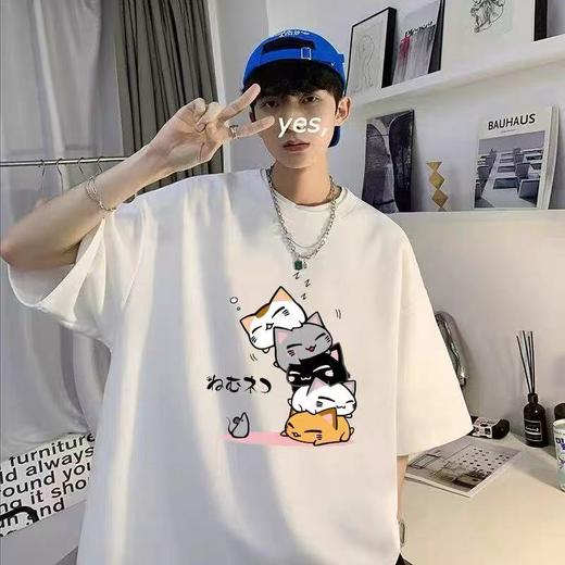 工厂直促价【100%棉】情侣（叠叠猫-大图）柯式印花短袖T恤-喜出 商品图3