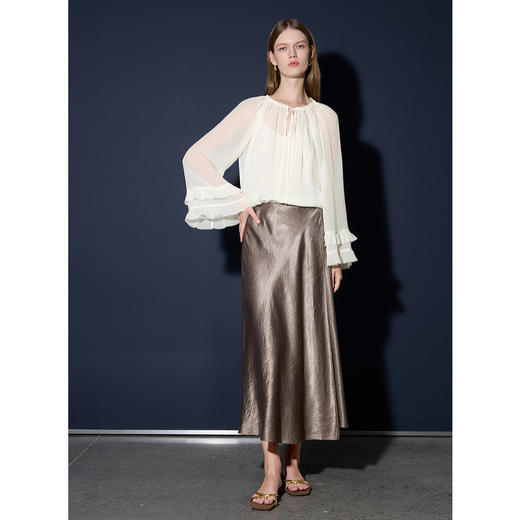 三彩2025夏季新款真丝小衫桑蚕丝圆领系带喇叭袖上衣两件套S 商品图3