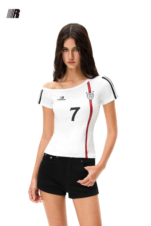 FDR官方店 斜肩数字运动修身短袖T恤女夏季美式辣妹露肩显瘦上衣 商品图5