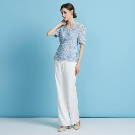 EITIE爱特爱法式优雅透感镂空收腰蕾丝短袖小上衣2025年夏季新款B2513610 商品图3