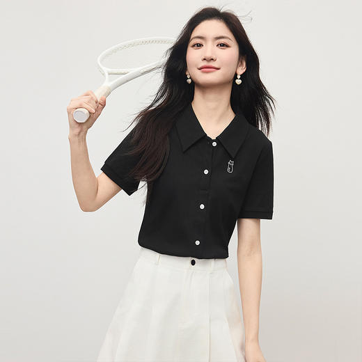 【专属特价】熙世界知识分子休闲风POLO领T恤女短袖刺绣体恤上衣2025夏日新款 商品图3