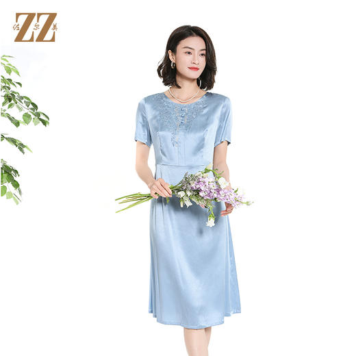 佐尔美夏季新款新中式时尚气质桑蚕丝短袖连衣裙女M42LS40 商品图2