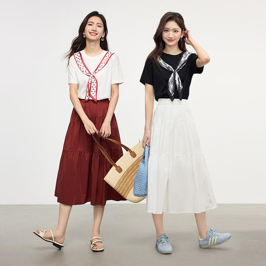 【周四狂欢价】熙世界法式丝巾领结印花短袖t恤女设计感2025夏新款正肩体恤上衣 商品图3