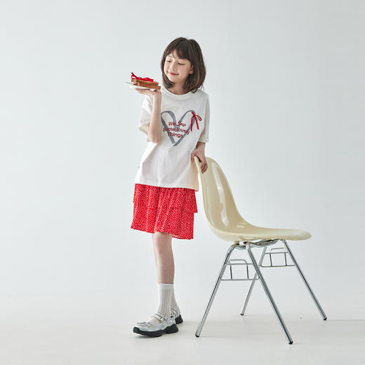 棵初2025夏季新款亲子中大女童爱心印花短袖蝴蝶结纯棉T恤 商品图1