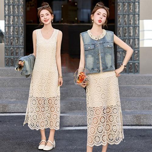 HR YRX9229单排扣牛仔马甲背心+蕾丝镂空连衣裙 商品图2