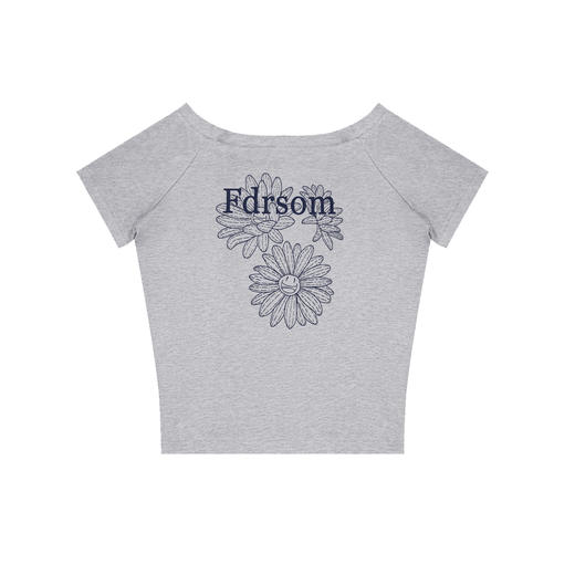 FDR官方店 线条花朵印花斜肩短袖T恤女夏季辣妹露肩体恤上衣 商品图4