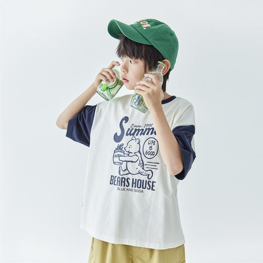 【代发】男童拼色小熊短袖T恤 蓝汽水夏季蜂蜜小熊印花上衣白藏青/浅蓝咖 商品图2