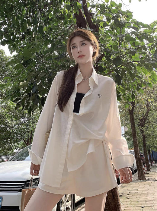 【GZ】无忧购老钱风亚麻刺绣图案宽松百搭衬衫+显瘦背心+松紧腰慵懒休闲短裤套装 7888-5#(截单后7天发货) 商品图13