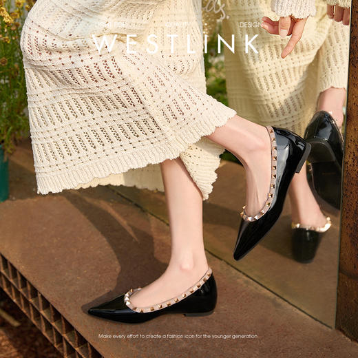 【限时秒杀】西遇尖头单鞋女新款法式漆皮铆钉内增高女鞋黑色浅口瓢鞋V0256272 商品图2