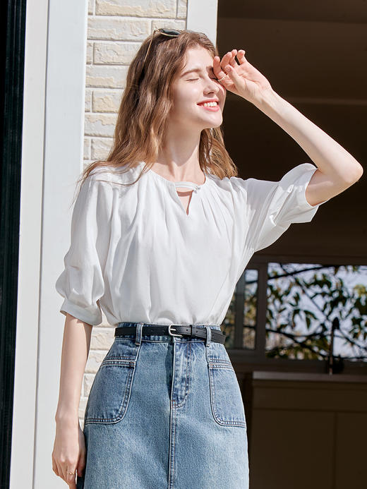 【百图lulu定制】【香颂衬衫】 法式设计感  抽褶五分袖   衬衫 商品图5
