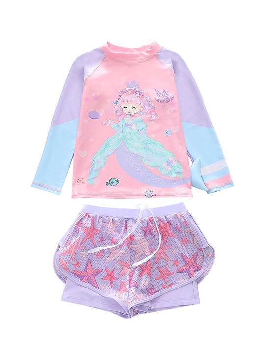 【女童泳衣，长袖设计，透气舒适】新款儿童泳衣 女童分体长袖 沙滩运动网平角裤裙泳装 小中大童游泳衣-QQ 商品图11