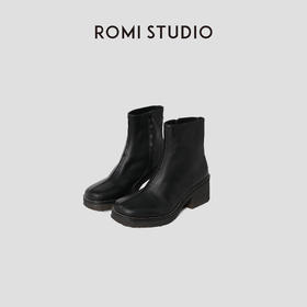 ROMI STUDIO“率性简约”进口油蜡感牛皮拼混种羊皮中筒靴 447D4040