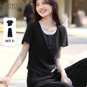 【专属特价】熙世界夏季套装女2025新款时尚黑色假两件圆领T恤休闲长裤两件套