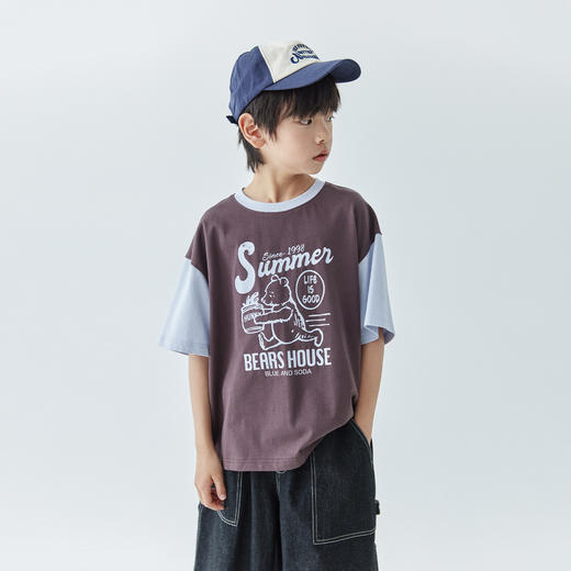 【代发】男童拼色小熊短袖T恤 蓝汽水夏季蜂蜜小熊印花上衣白藏青/浅蓝咖 商品图3