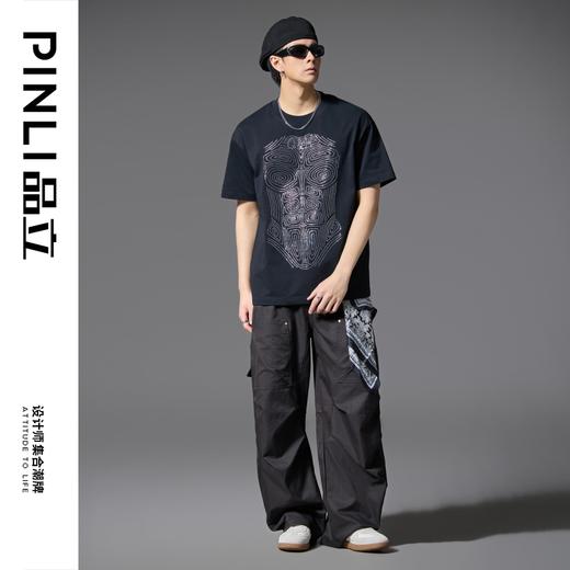 PINLI品立2025春夏新款时尚烫钻短袖T恤男士纯棉潮牌休闲百搭上衣BG252111012 商品图2