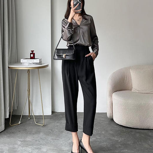洛诗琳41627垂感直筒七分裤2025夏季小个子高腰通勤西装裤0059 商品图1