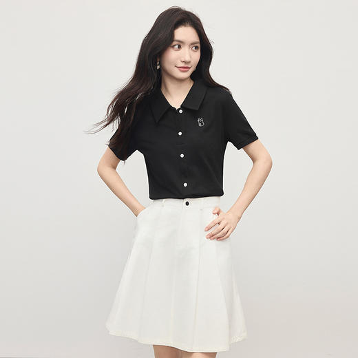 【专属特价】熙世界知识分子休闲风POLO领T恤女短袖刺绣体恤上衣2025夏日新款 商品图4