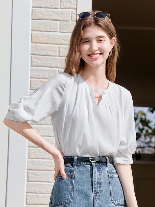 【百图lulu定制】【香颂衬衫】 法式设计感  抽褶五分袖   衬衫 商品图7