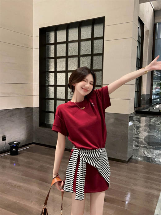 【GZ】无忧购韩系慵懒风盐系休闲圆领短袖T恤+高腰短裙半身裙套装(配披肩)W5218#(截单后7天发货) 商品图6