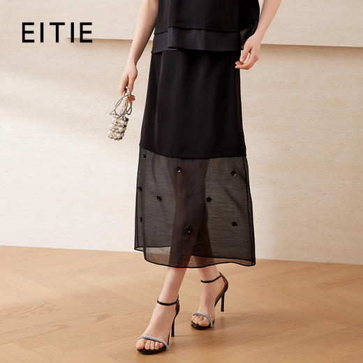 EITIE爱特爱时尚优雅高腰珠片花朵装饰宽松A字半身裙2025夏季新款B2506616 商品图0