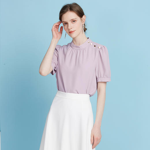 【气质短袖上衣】EITIE爱特爱灯笼袖复古立领衫2025夏季新款B2513620 商品图7