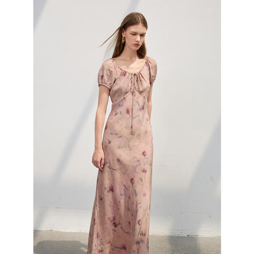 三彩2025夏季新款法式碎花裙抽绳收腰A字裙短袖连衣裙长裙S 商品图2