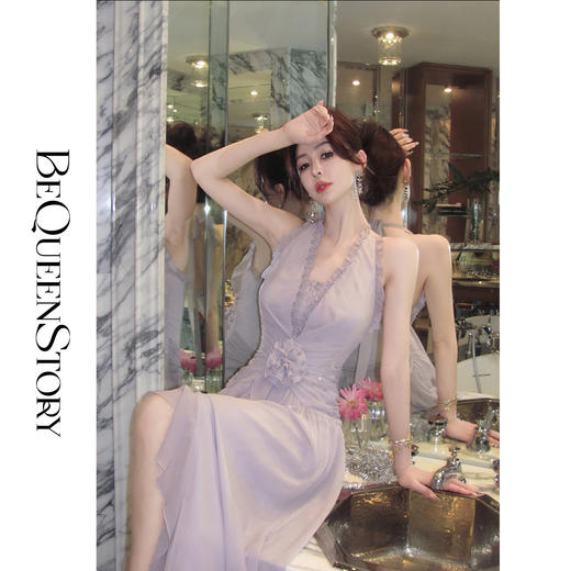 余潇潇【花影悦动】乔其纱手工钉珠印花挂脖V领收腰连衣裙时尚精致 商品图3