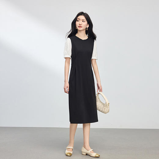 【专属特价】熙世界通勤风假两件连衣裙女2025夏季新款气质收腰圆领泡泡袖裙子 商品图4
