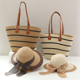 *【团购】【出游首选】美莞尔女款夏季草帽复古条纹草编包大容量托特包单肩包休闲编织包度假沙滩包W1-B10