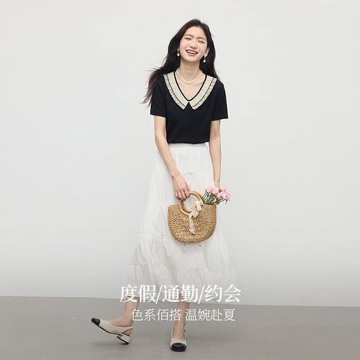 【周末秒杀】熙世界2025夏季新款法式田园风撞色花边V领T恤女短袖时尚减龄上衣 商品图2