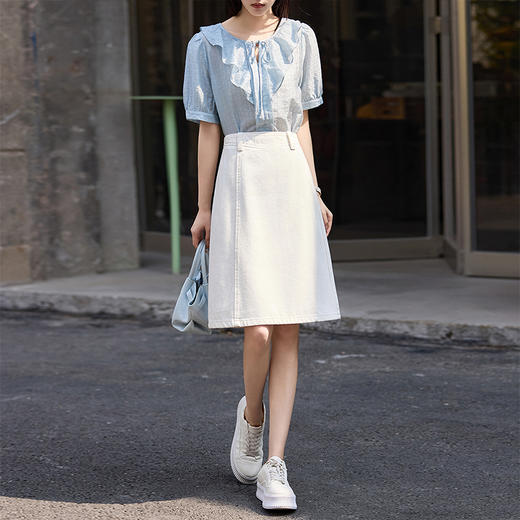熙世界纯棉白色牛仔半身裙女2025夏季新款小个子显瘦a字直筒中裙 商品图3