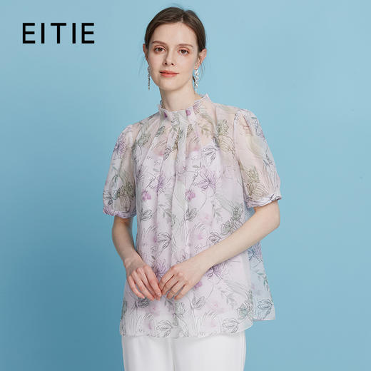 EITIE爱特爱优雅印花透气收褶立领宽松显瘦罩衫上衣夏季新款B2513614 商品图0