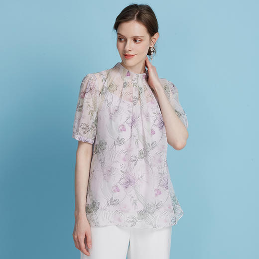 EITIE爱特爱优雅印花透气收褶立领宽松显瘦罩衫上衣夏季新款B2513614 商品图3